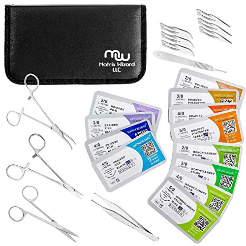 Mixed Suture Threads with Needle Plus Tools for Medical Student's Surgical Practice Kit; Outdoor Camping Emergency Survival Demo; Hospital First Aid Training (2-0, 3-0, 4-0, 5-0 with Tools) 24 Set