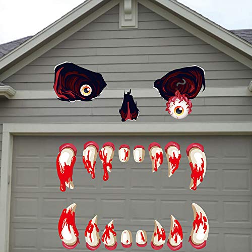 Hohomark Halloween Garage Door Decorations Stickers Halloween Monster Face Outdoor Decoration with Eyes Nose Fangs for Halloween Party Decorations Supplies