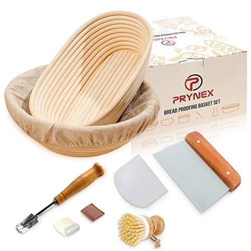 PRYNEX Bread Proofing Basket Set with Accessories - Natural Rattan, 9' Round, 10' Oval Baskets with Liners - Includes Cutting & Scraping Tools - Scrapers, Wood Lame & Brush - Recipe E-book