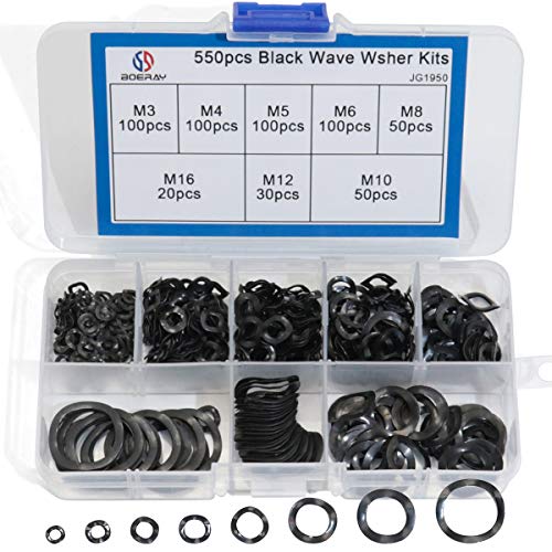 Boeray 550pcs M3-M16 Black Steel Ring Spring Washer Three Wave Washers 65MN Wave Gasket Assortment Kits-M3 M4 M5 M6 M8 M10 M12 M16