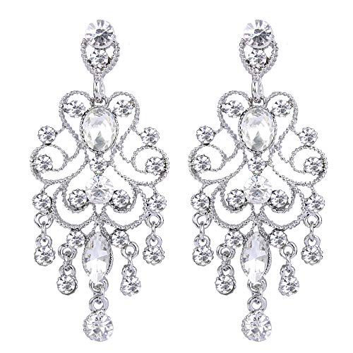 BriLove Wedding Bridal Dangle Earrings for Women Vintage Style Crystal Drop Hollow Filigree Chandelier Dangle Earrings Clear Silver-Tone