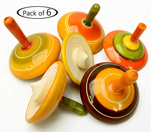 Lot of 6 pcs Handmade Painted Wood Spinning Tops Wooden Toys Vintage India Craft by AzKrafts