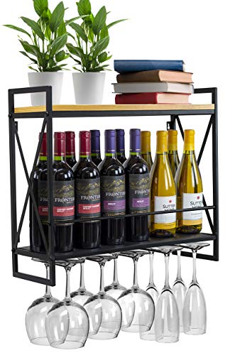 Sorbus Wine Bottle Stemware Glass Rack, Industrial 2-Tier Wood Shelf, Wall Mounted Wine Racks with 5 Stem Glass Holders for Wine Glasses, Flutes, Mugs, Home Décor, Metal
