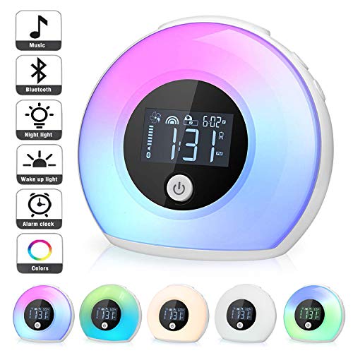 Wake Up Light Bluetooth Speaker, Table Lamp Alarm Clock, Night Light Bluetooth Speakers Lamp, Dimmable Warm Light & Colorful Light Beside Lamp Music Player for Kids, Party, Bedroom, Camping