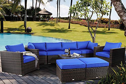 Leaptime Patio Furniture Sofa Garden Couch Set 9-Piece PE Brown Rattan Sofa Outdoor Sectional Sofa Deck Conversation Furniture Set with Royal Blue Cushion