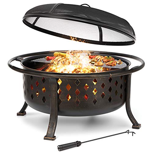 KINGSO 36' Fire Pit Outdoor Large Steel Wood Burning Fire Pits Bowl BBQ Grill Firepit for Outside with Spark Screen Cooking Grid Poker for Backyard Garden Camping Bonfire Patio, Oil Rubbed Bronze