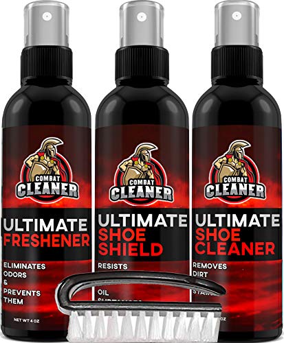 Combat Cleaner Shoe Cleaner Kit | Shoe Cleaner + Shoe Deodorizer Spray + Shoe Shield + Brush | Used for Sneakers, Tennis Shoes, Leather, Suede