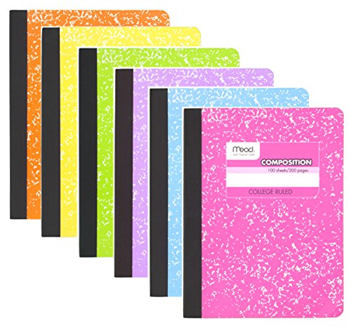 Mead Composition Book, 6 Pack of Cute Notebooks, College Ruled paper, Hard Cover 100 sheets (200 Pages) , Pastel Color Notebook,