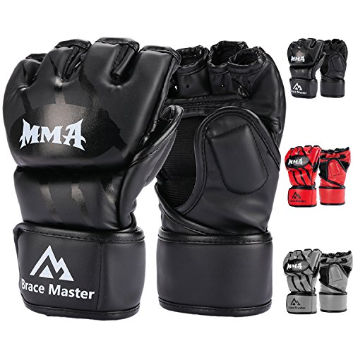 Brace Master MMA Gloves UFC Gloves Boxing Gloves for Men Women Leather More Paddding Fingerless Punching Bag Gloves for Kickboxing, Sparring, Muay Thai and Heavy Bag (Black, Small)