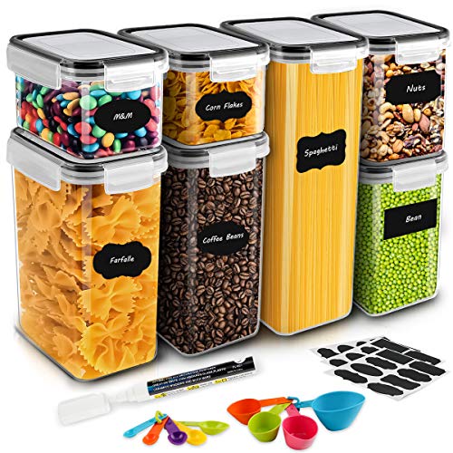 Airtight Food Storage Containers, MOICO 7 PC Plastic Cereal Storage Container with Lids BPA Free, 24 Labels, Spoon Set & Pen, Pantry & Kitchen Storage Containers for Flour, Dry Food, Pasta