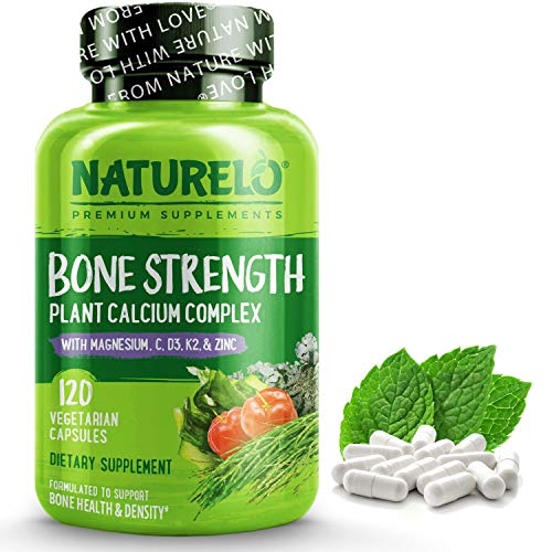 NATURELO Bone Strength - Plant-Based Calcium, Magnesium, Potassium, Vitamin D3, VIT C, K2 - GMO, Soy, Gluten Free Ingredients - Best Whole Food Supplement for Bone Health - 120 Vegetarian Capsules