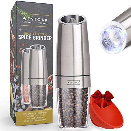 Gravity Electric Pepper Grinder or Salt Mill | White LED Light | Easy One-Handed Automatic Use | Battery Powered | Adjustable Coarseness | Brushed Stainless Steel | By Westoak