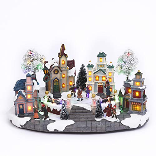 Light-Up Musical Animated Christmas Village Town Square Scene with Ice Skater and Villager Figurines - Lighted Vintage Holiday Decoration – Winter Tabletop Home Decor