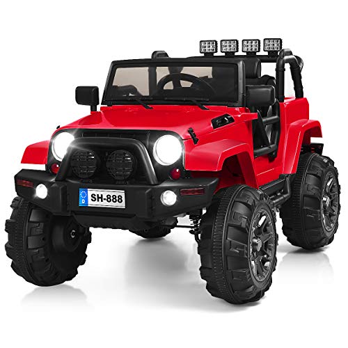 Costzon Ride On Truck, 12V Battery Powered Electric Ride On Car w/ 2.4 GHZ Bluetooth Parental Remote Control, LED Lights, Double Open Doors, Safety Belt, Music, MP3 Player, Spring Suspension (Red)