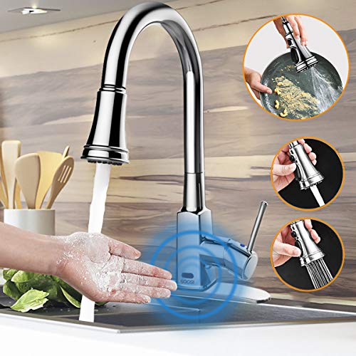 Touchless Kitchen Faucet,Soosi Automatic Motion Sensor Kitchen Faucet Touchless Kitchen Faucets With Pull Down Sprayer Single Handle Hands Free Touch Faucet kitchenOne/3 Hole 3-function Spot Free