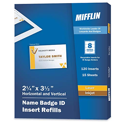 Mifflin Name Badge Inserts, 2.25x3.5' or 3.5x2.25' Badge Inserts (120 Cardstock Refills, 15 Sheets), Compatible with Inkjet, Laser Printer, and Printable Badge Inserts