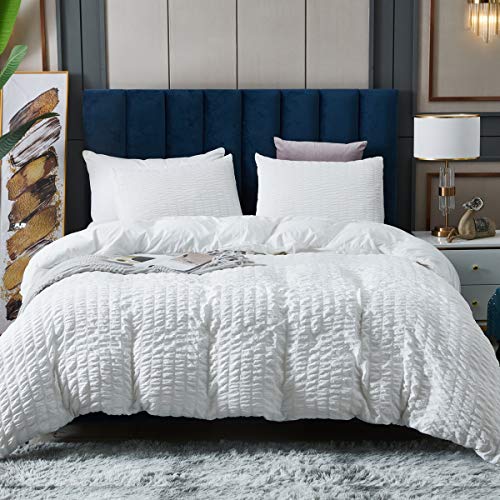White Seersucker Duvet Cover King Size, 100% Soft Washed Microfiber 3 Piece Duvet Cover Set, Textured Bedding Comforter Cover Sets Comfortable with Zipper Closure & Corner Ties, 104x90 inches.