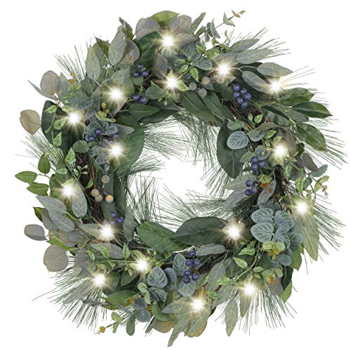 Valery Madelyn Pre-Lit 24 Inch Natural Fresh Christmas Door Wreath with Blueberries, Fall Wreath for Front Door Home Daily Decor with Eucalyptus Leaves and Pine Needles, Battery Operated 20 LED Lights