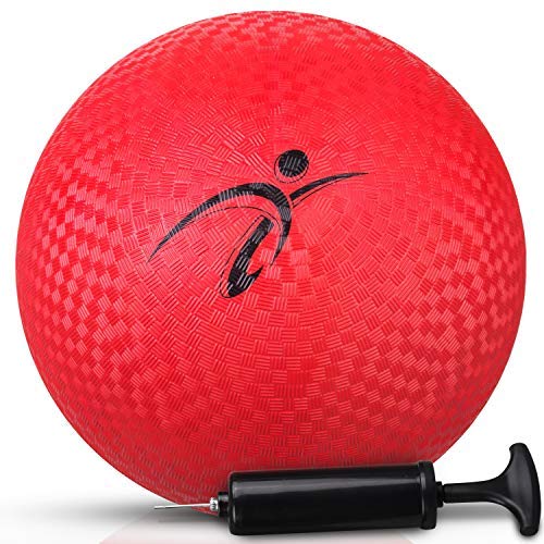 Fitness Factor Playground Kickball with Air Pump for Inflatable, Perfect Rubber Bouncy Dodgeball for Indoor, Outdoor Ball Games, Official Size Four Square Ball and Handball for Kids 10 Inch (Red)