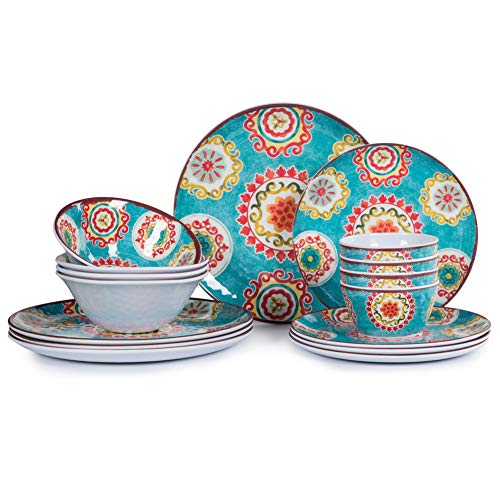 16pcs Melamine Dinnerware Set for 4, Outdoor and Indoor Dinner Dishes Set for Everyday Use, Break-resistant, Turquoise