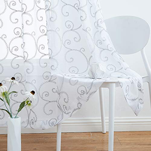 Variegatex Sheer Curtain Panels 63 Inch Length, Gray and Black Scroll Floral Embroidery Linen Texture Voile Rod Pocket Window Treatment Drape Sets for Living Room and Bedroom, 54x63, 2 Pack