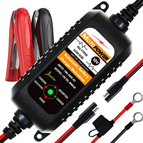 MOTOPOWER MP00205A 12V 800mA Automatic Battery Charger, Battery Maintainer, Trickle Charger, and Battery Desulfator with Timer Protection