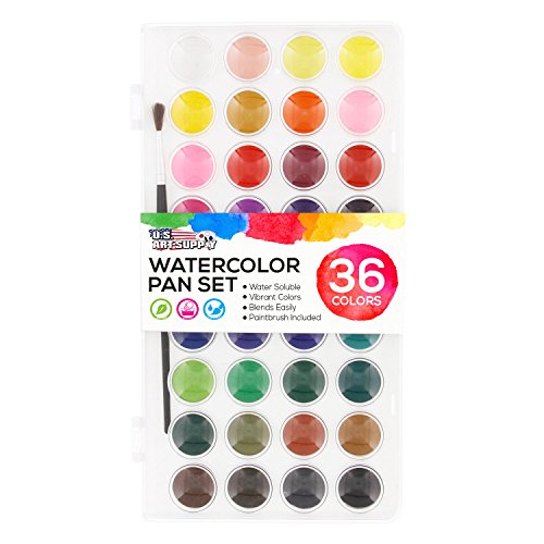 U.S. Art Supply 36 Color Watercolor Artist Paint Set with Plastic Palette Lid Case and Paintbrush - Watersoluable Cakes