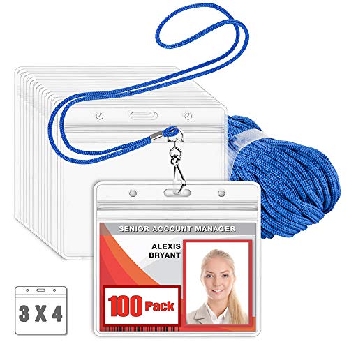 MIFFLIN Lanyard with Clear Horizontal ID Holder (Blue, 3x4 Inch, 100 PK), Name Tag with Lanyard Set