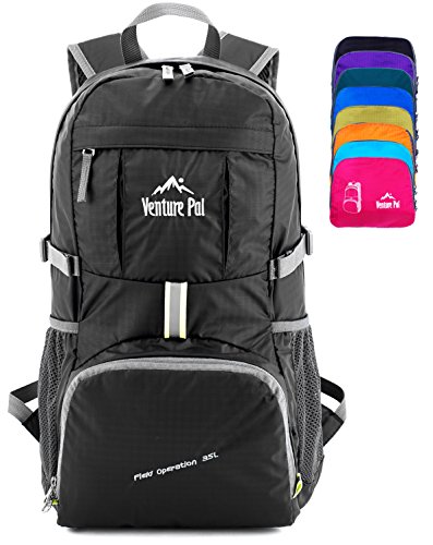 Venture Pal Ultralight Lightweight Packable Foldable Travel Camping Hiking Outdoor Sports Backpack Daypack (Black)