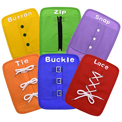 YIISUN Busy Board Early Learning Basic Life Skills Learn to Dress Boards-Button,Zip,Lace,Buckle,Tie,Snap 6 Pcs/Set