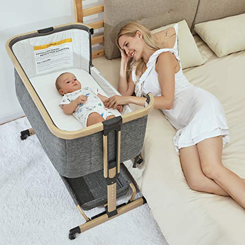 AMKE 3 in 1 Baby Bassinets, Baby Bedside Sleeper, Baby Crib with Storage Basket for Newborn, Arms Reach Co Sleeper, Adjustable Portable Baby Bed, Bedside Bassinet, Comfy Mattress/Travel Bag Included