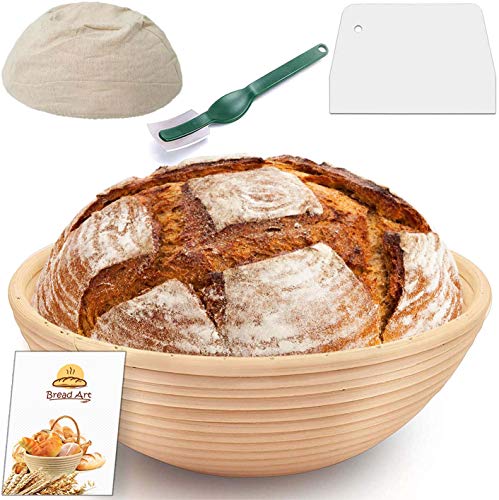 9 Inch Round Proofing Basket, Splinter-Free Sourdough Bread Banneton, Top Grade Rattan Bowl, Affordable Brotform Set with Linen Cloth Liner, Dough Scraper, Bread lame for Home and Professional Bakers