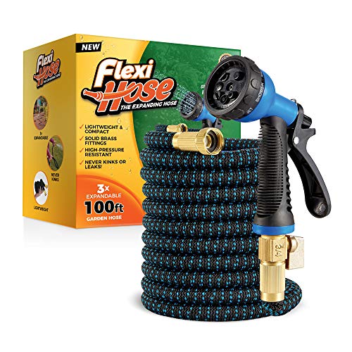 Flexi Hose Lightweight Expandable Garden Hose | No-Kink Flexibility - Extra Strength with 3/4 Inch Solid Brass Fittings & Double Latex Core | Rot, Crack, Leak Resistant (100 FT, Blue/Black)