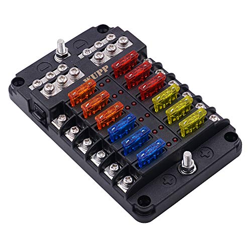 WUPP Boat Fuse Block, Waterproof Fuse Panel with LED Warning Indicator Damp-Proof Cover - 12 Circuits with Negative Bus Fuse Box Holder for Car Marine RV Truck DC 12-24V, Fuses Included