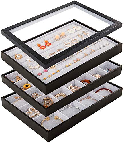 Mebbay Stackable Velvet Jewelry Trays Organizer Set with Clear Lid, Jewelry Storage Display Trays with Full Artificial Leather Cover for Drawer, Earring Necklace Bracelet Ring Organizer - Set of 4