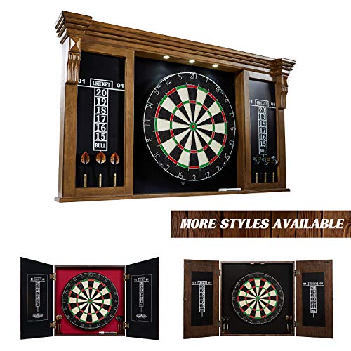 Barrington Premium Bristle Dartboard, Cabinet, Accessories, Dark Wood with LED Lights - Competition Dartboards with Steel Tip Darts, 2 Scoreboards - Protective Display Cabinet for Bar and Home Decor