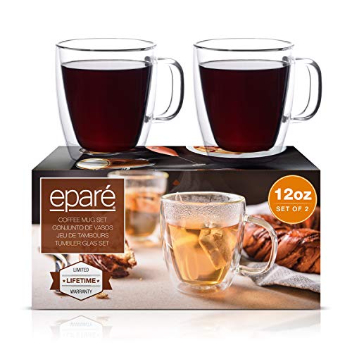 Eparé Coffee Mugs - 12oz Set of 2 Clear Glass Double Wall Cup - Insulated Glassware - Large Espresso Latte Tea Glasses