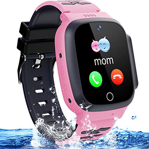 Kids Waterproof Smart Watch Phone Girls Boys Smartwatch with LBS Tracker Two Way Call SOS Micro Chat Camera Anti-Lost Math Game Touch Screen Games Alarm Clock Gizmo Watch Birthday Gifts (Pink)