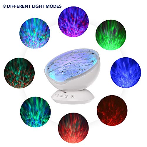 Soothing & Relaxing Ocean Wave Projector LED Night Light with Built-in Stereo Speakers / (12 LED Bulbs - 8 Colors)