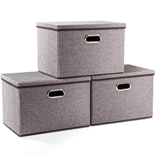Prandom Large Collapsible Storage Bins with Lids [3-Pack] Linen Fabric Foldable Storage Boxes Organizer Containers Baskets Cube with Cover for Home Bedroom Closet Office Nursery (17.7x11.8x11.8')