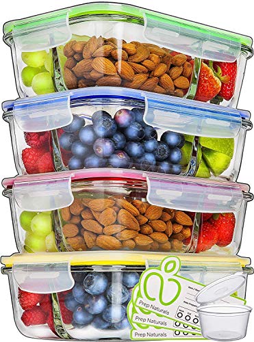 Prep Naturals Glass Meal Prep Containers 3 Compartment - Food Containers Meal Prep Food Prep Containers Lunch Containers Glass Containers with Lids Freezer Containers Bento Box (4 Pack, 34 Ounce)