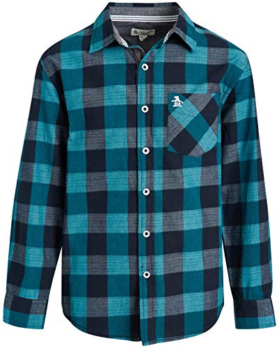 Original Penguin Boys Plaid Shirt - Long Sleeve Button Down Collared Shirt with Chest Pocket, Teal/Black, Size 8
