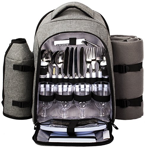 Hap Tim - Waterproof Picnic Backpack for 4 Person with Cutlery Set, Cooler Compartment, Detachable Bottle/Wine Holder, Fleece Blanket, Plates for Picnic Time(Gray)