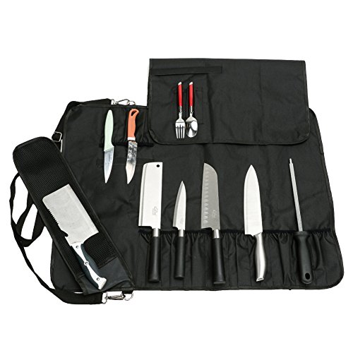 Chef's Knife Bag With 17 Slots Can Holds13 Knives,1 Meat Cleaver, And 3 Utensil Pockets, Multi-function Knife Roll With Handle, Shoulder Strap & Zippered Mesh Pocket Holder