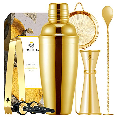 Homestia 3 Piece Cocktail Shaker Bar Set Stainless Steel Bartender Kit includes 24oz Built-in Strainer Shaker, Double Jigger, Bar Spoon, Gold