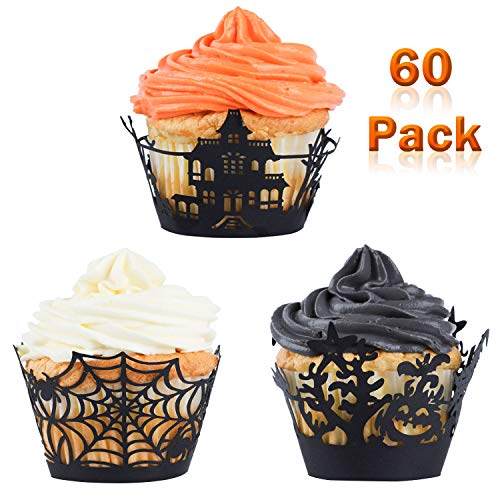 Whaline 60 Pack Halloween Cupcake Wrappers Spiderweb/Witch/Castle Laser Cut Paper Liners Holders for Halloween Party Wedding Birthday Decoration (Black)