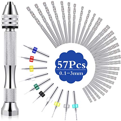 57 Pieces Hand Drill Bits Set, Silver Pin Vise Hand Drill 46 Pieces Micro Twist Drill Bits with 10 Pieces PCB Mini Drill Bits for Resin Polymer Clay DIY Craft Jewelry