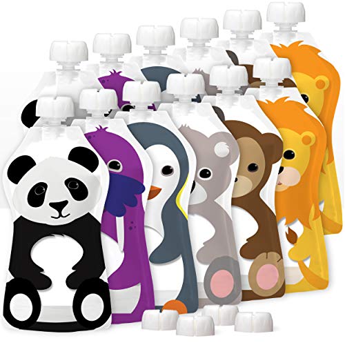 Squooshi Reusable Baby Food Pouches (12 Pack) Easy to Fill Freezer & Dishwasher Safe Squeezable Pouches with Cute Animal Designs for Babies and Kids, Large – 5 Oz Pouches