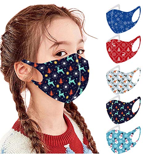 Xingopy 5 Pcs Christmas Kids Washable Face_Masks Comfortable Cotton Reusable Festival Party Holiday Cute Funny Face_Mask