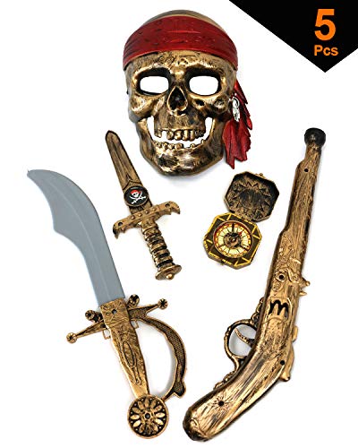 GIFTEXPRESS 5-piece Halloween Pirate Costume Accessories for Kids, Pirate Role Play Set/Halloween Costumes for Boys/Pirate Paraphernalia (Pirate Sword, Compass, Dagger, Mask, Gun)